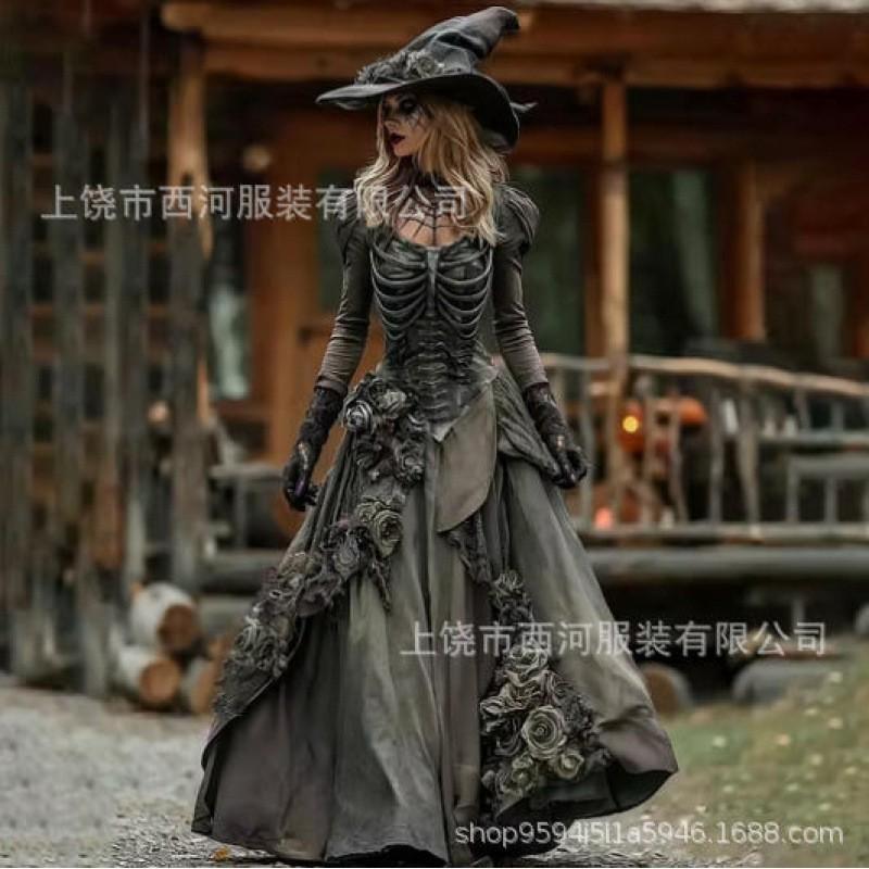 Abito Lungo da Donna con Stampa Sfumata Teschio Rosa Gotico Streetwear di Halloween