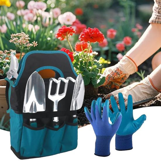 1 Set Attrezzi da Giardinaggio Ergonomici Paletta Manuale Rastrello Cesoia a Bypass Guanti Tappetino per Trapianto Attrezzi Manuali Robusti con Borsa Trasportabile per Giardinaggio Domestico