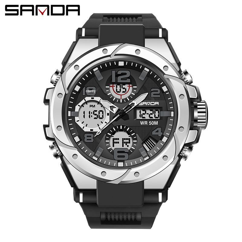 Sanda Trendy Waterproof Sports Watch - Minimalist Design with Dual Display for Students