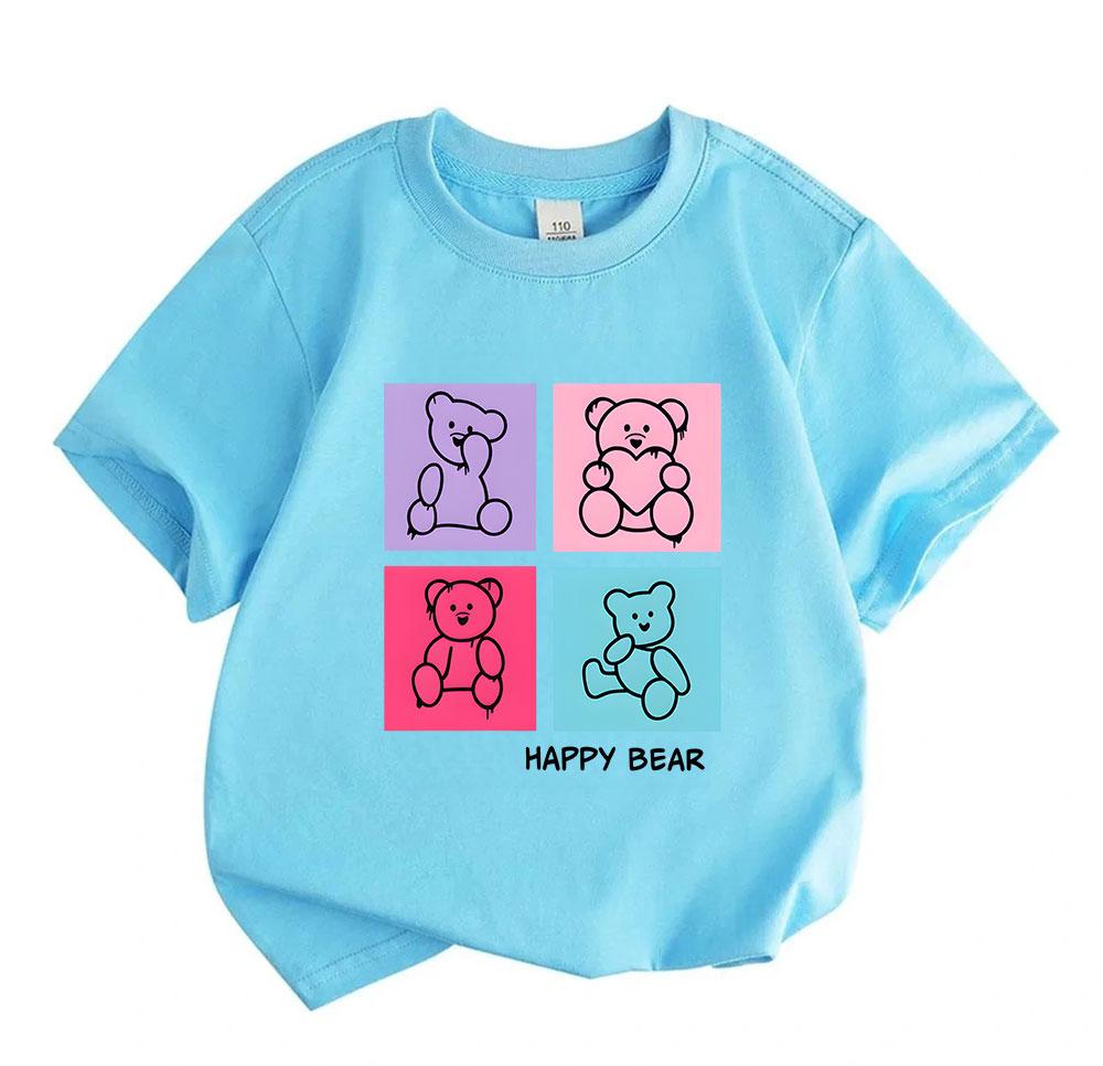 Kids Boys Girls 100% Cotton Short Sleeve Crew Neck T-Shirt, Cute Happy Bear Graphic Print Soft Casual Tee for Children Daily Wear