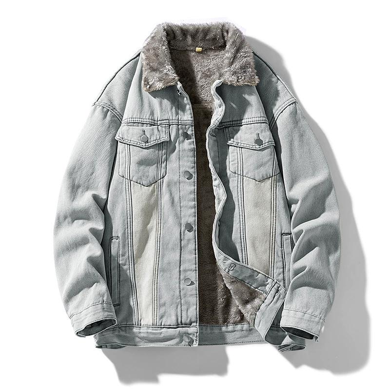Men's Winter Thick Lambskin Jacket with Added Fleece Denim Jacket