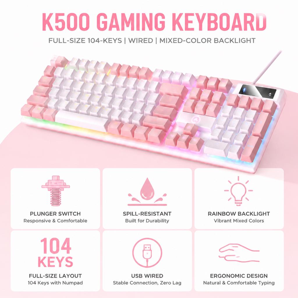 RGB Backlit Mechanical Feel Waterproof Wired Gaming Keyboard Full-Size Ergonomic Gamer Keyboard For PC Computer Laptop Tablet