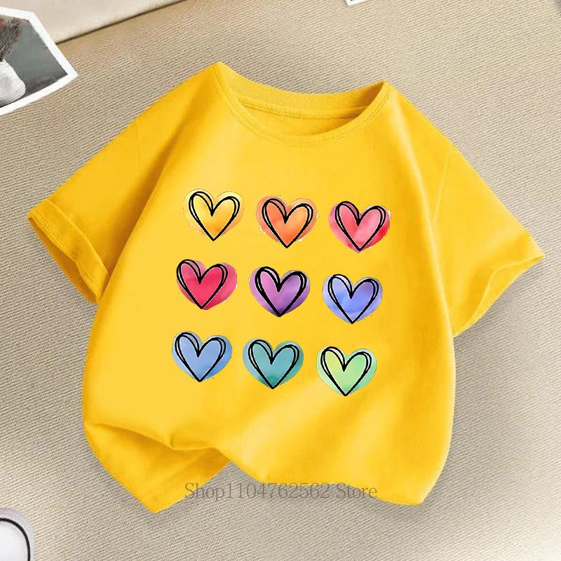 Heart Graphic Print Children Tshirts Summer Casual Fashion Kawaii Girls Colorful Tops Kids ONeck Short Sleeve Tshirts