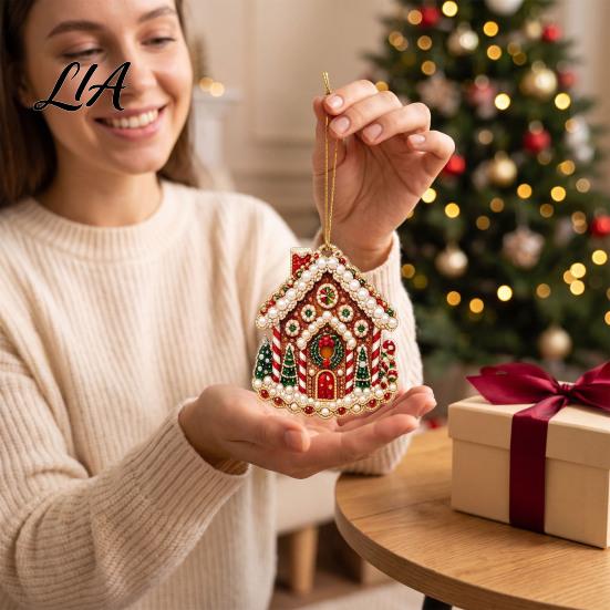 Elegant Holiday Party Supplies 6 Pcs Diamond Art Christmas Ornaments, 2D Flat Pearl Painting Timeless Seasonal Decorations Pattern Hanging Decoration