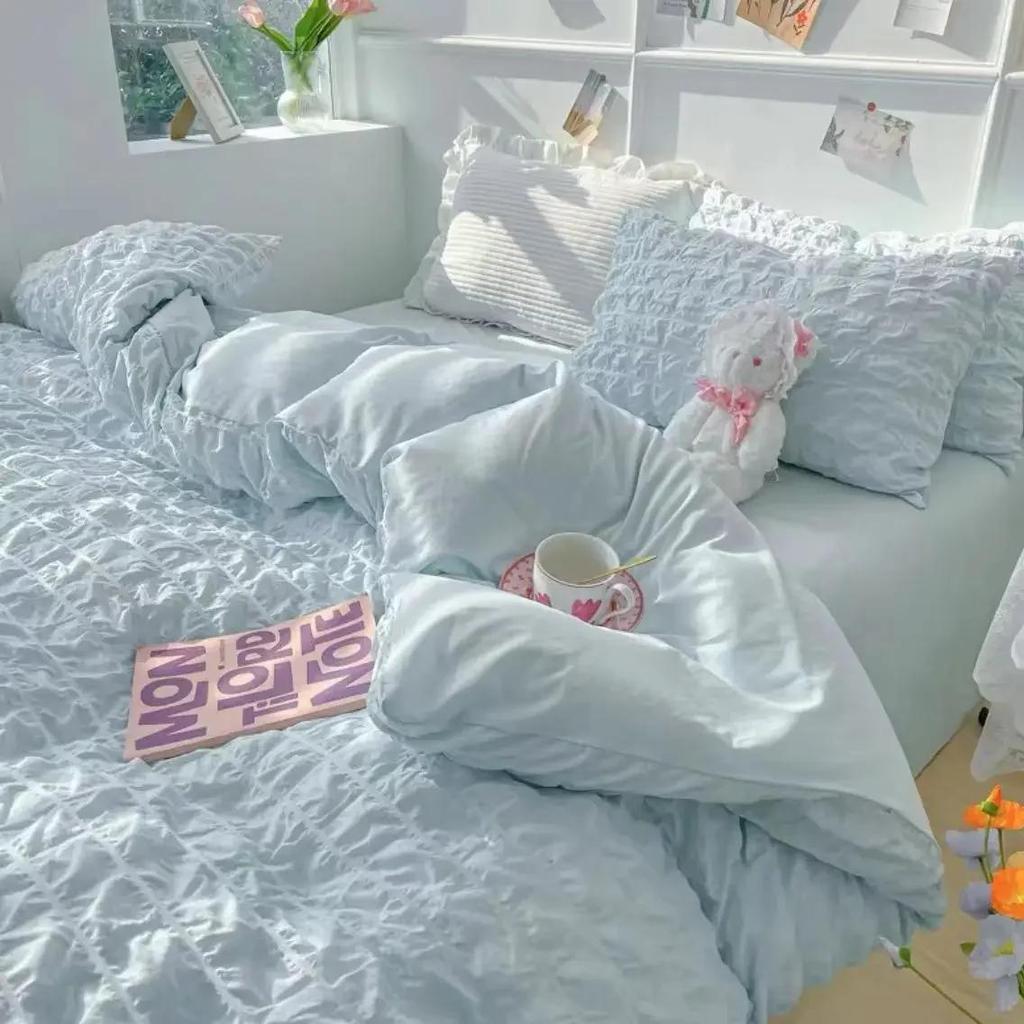 Juego de Ropa de Cama de Princesa Estilo Francés Algodón Lavado Color Sólido Seersucker Verano Suave Nuevo 2024 Juego de Sábanas Juego de Funda Nórdica