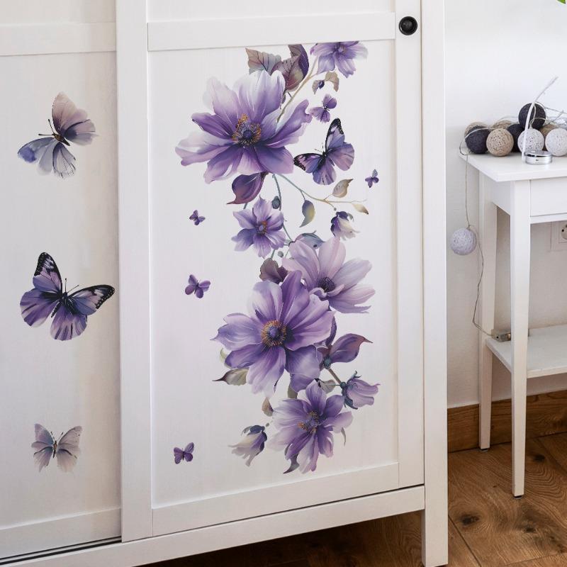 1PCS Purple Flowers Green Plants Butterfly Bedroom Living Room Wall Decoration Wall Stickers Wholesale PVC Material
