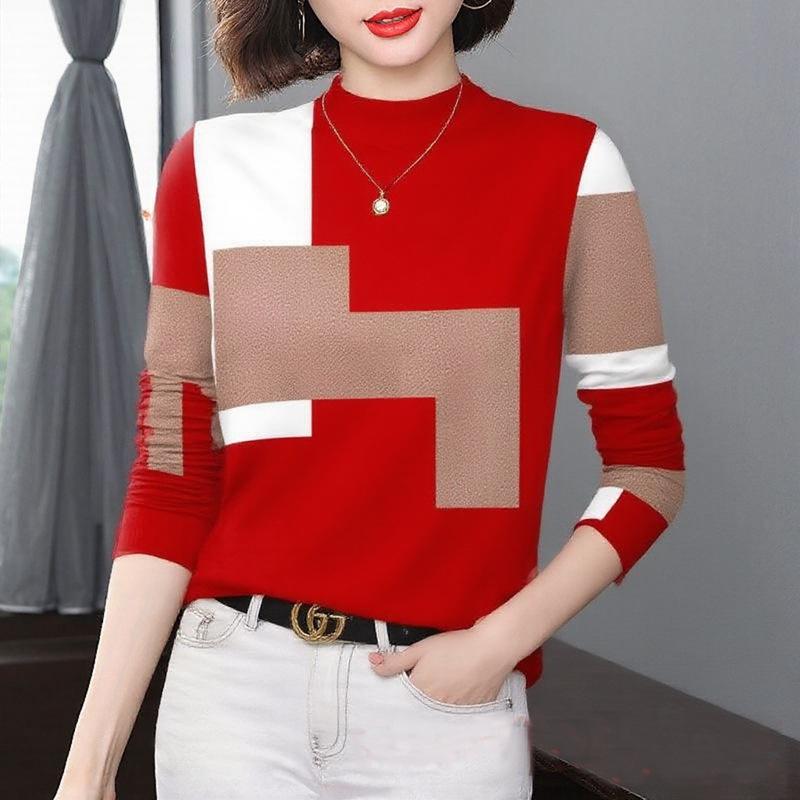 

2025 Women s Elegant Color Block Long Sleeve Top, Half-High Collar, Age-Reducing, Plus Velvet, Thickened, Warm Base Layer for Mothers L