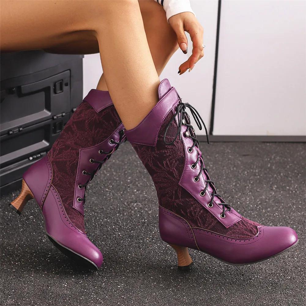 Damen Viktorianische Spitzschuh Mid-Calf Stiefel Leder Spitze Hohl Punk Schnürstiefel Seltsame Steampunk High Heel Schuhe Größe 34-48