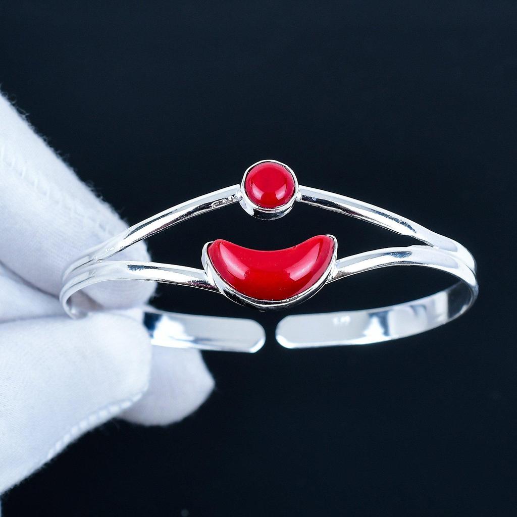 Naturalny Czerwony Koral Kamień Szlachetny Ręcznie Robiona Bransoletka Manka 925 Srebro Próby Bransoletka Manka, Bransoletka z Czerwonego Koralu dla Żony, Bransoletka Unisex, Prezent dla Kobiety