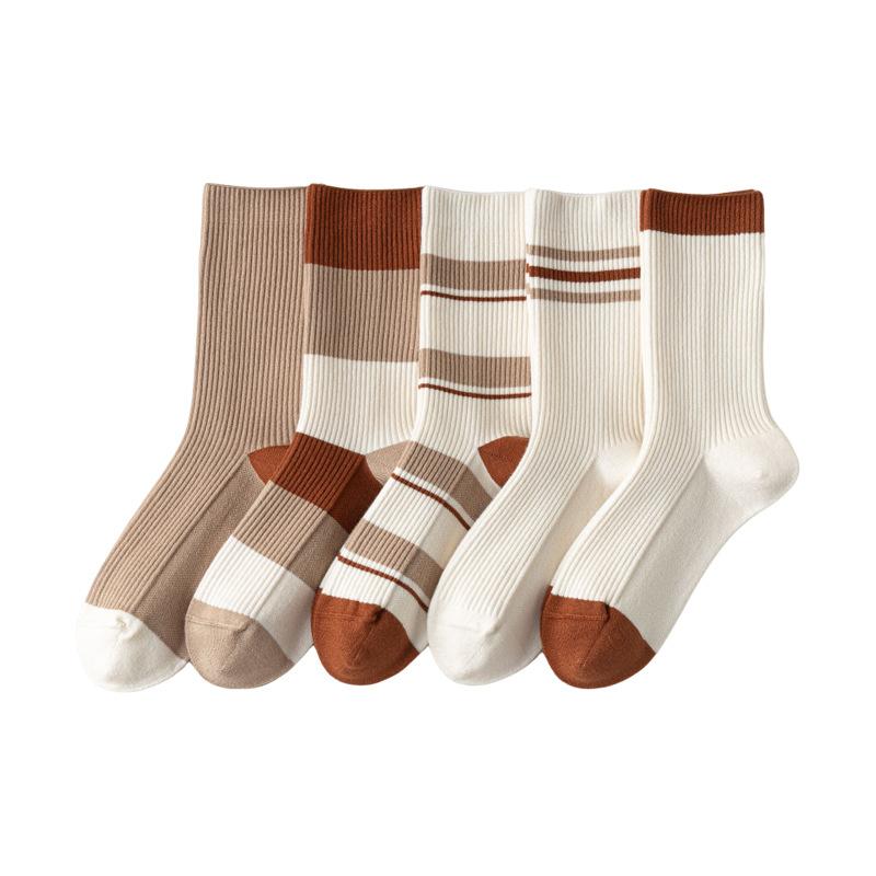 5 Pairs of Female Autumn and Winter Sweat Absorbing Deodorizing Fashion Color Collision Boneless Soft Tube Socks
