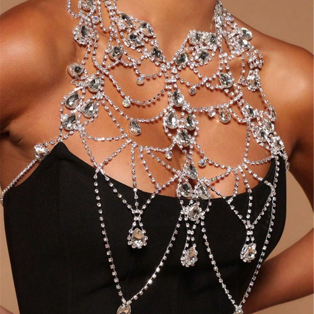 European And American Rhinestone Multi-Layer Chest Chain, Fashionable Exaggerated Niche Chest Accessories Women'S Dress Body Chain Accessories