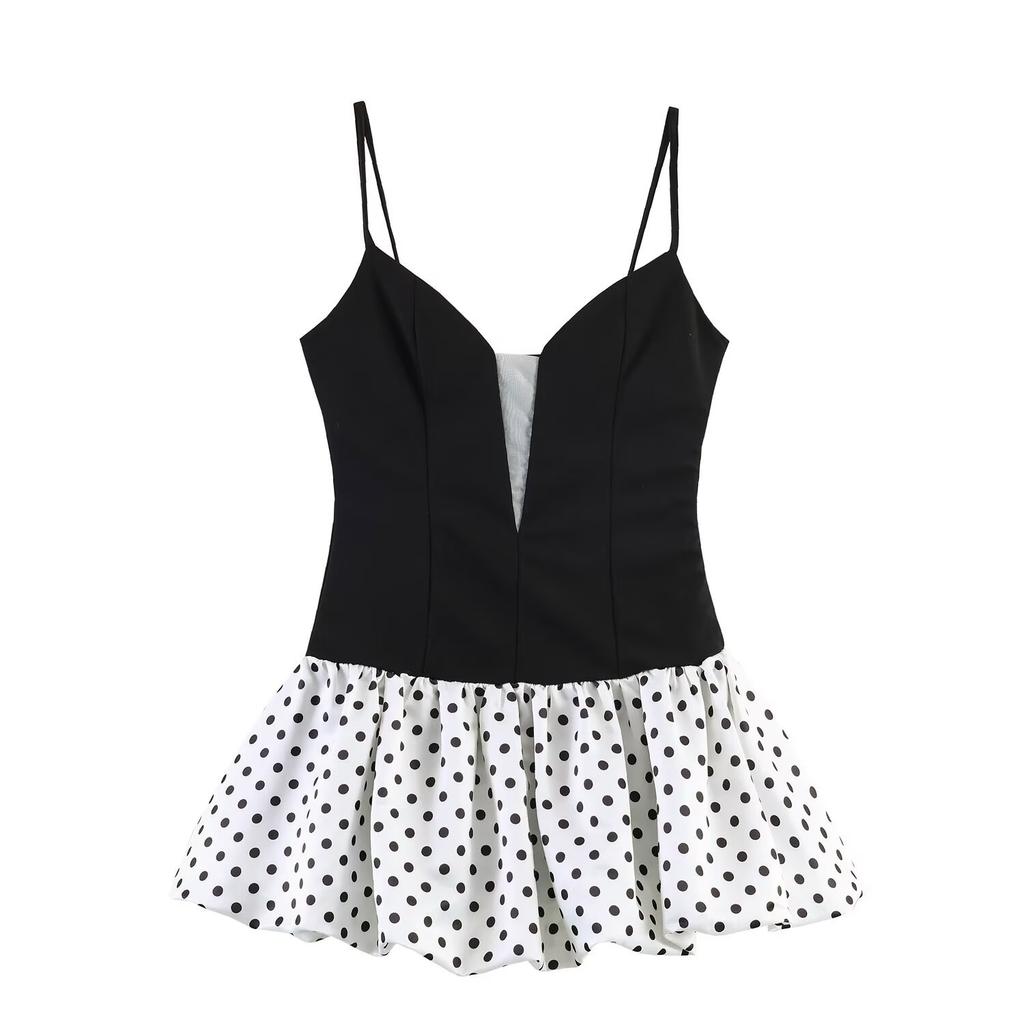 European and American style, new women's clothing, foreign style, classic deep V-polka dot splicing suspender fluffy dress