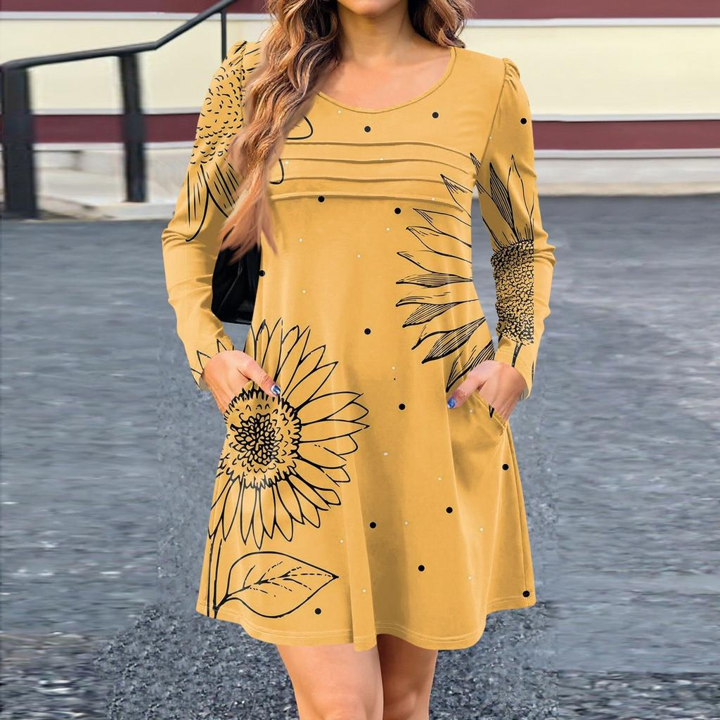 Women's Long Sleeve Dress Fall Casual T Shirt Loose Fit Pleated Front Dresses With Pockets