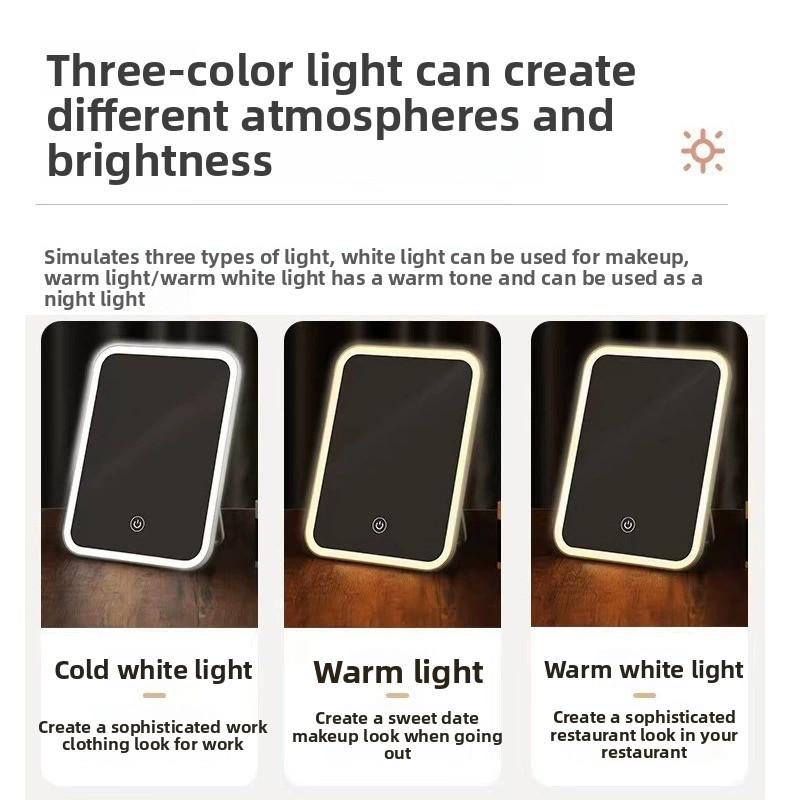 Espejo de maquillaje LED plegable portátil con luz para escritorio y viaje