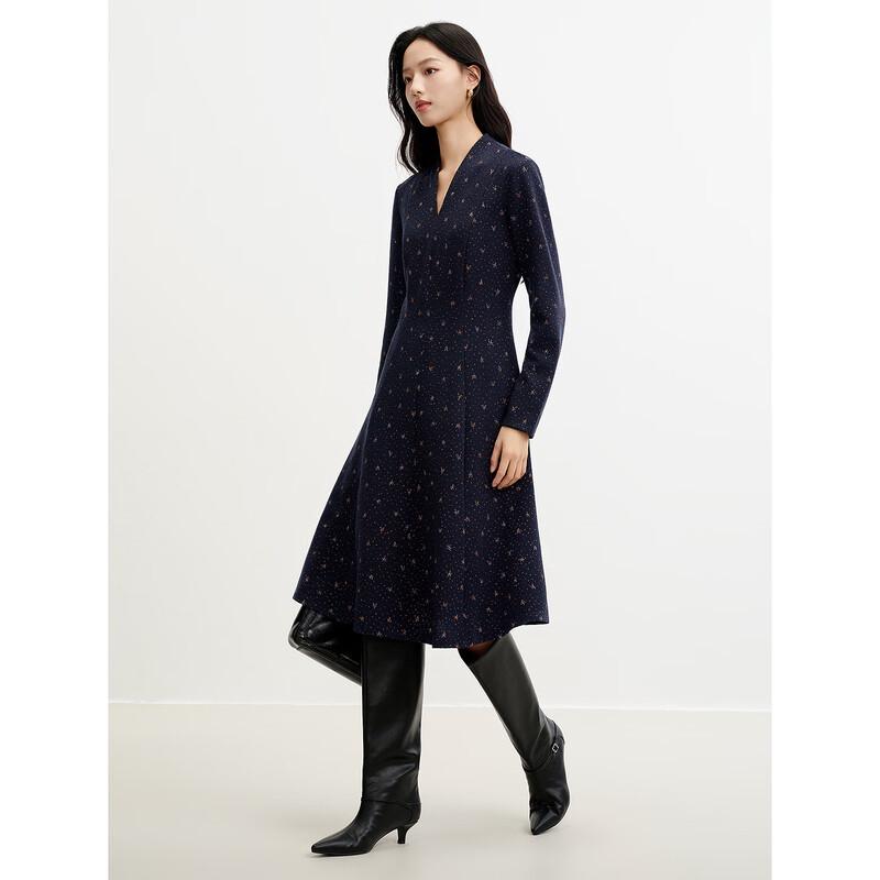 JUZUI Women's V-Neck Jacquard Knit Waist Dress