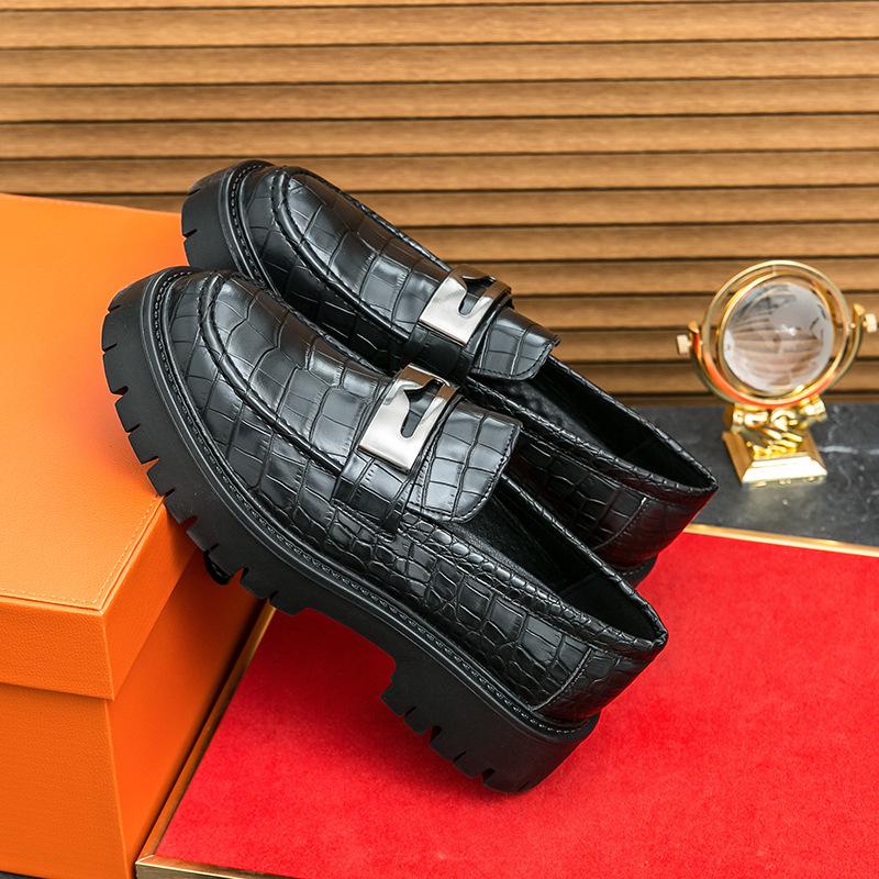 Men's Glossy Leather Thick-Soled Loafers - British Style Slip-On, Large Size, for Spring & Autumn