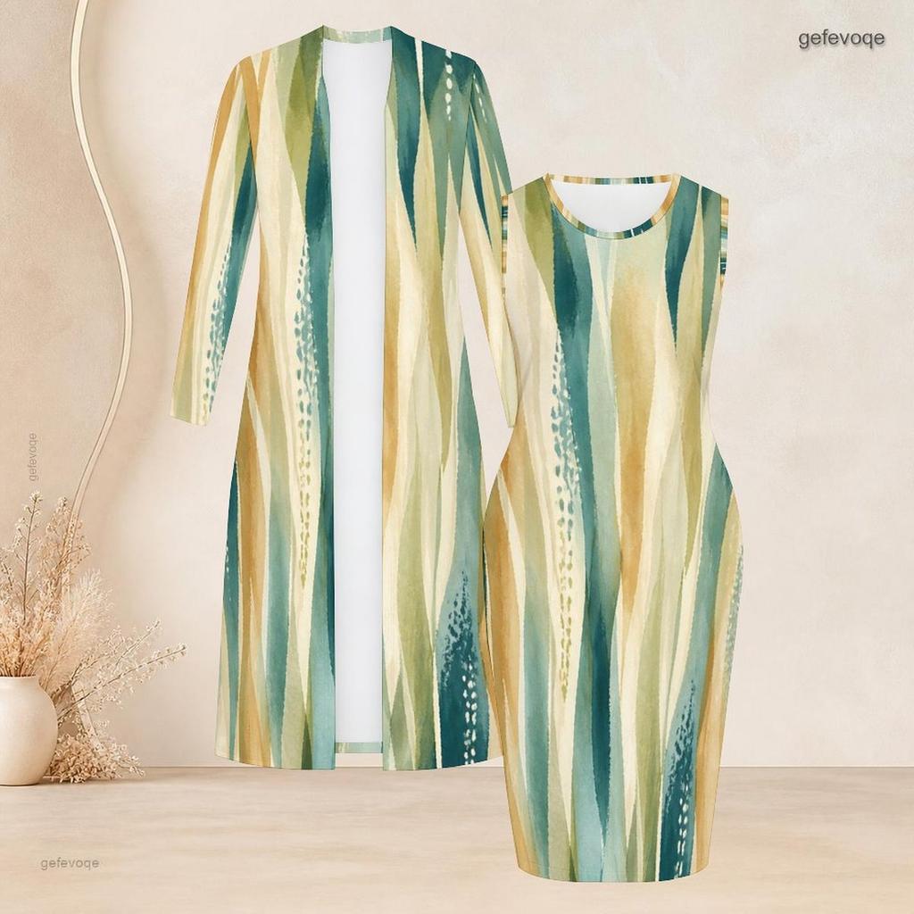 Women Plus Size Dark Blue Printed Two Piece Set Sleeveless Bodycon Dress Long Sleeve Open Front Cardigan