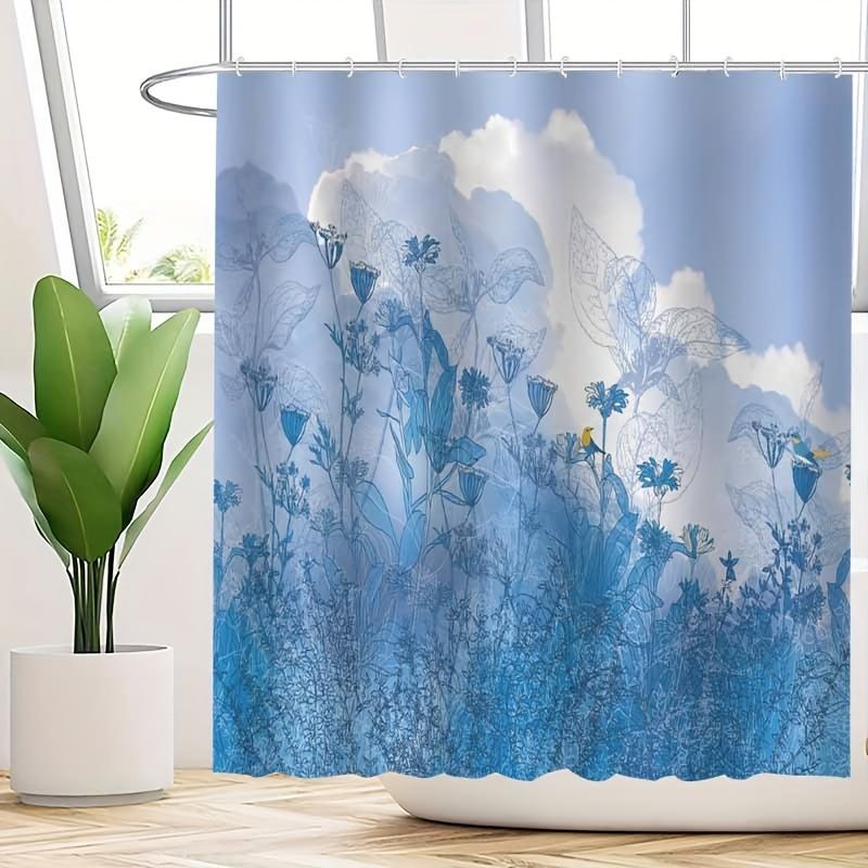1Pc Blue Floral Cloud Pattern Shower Curtain, Polyester Fabric, Machine Washable, Suitable For Bathroom Dcor.