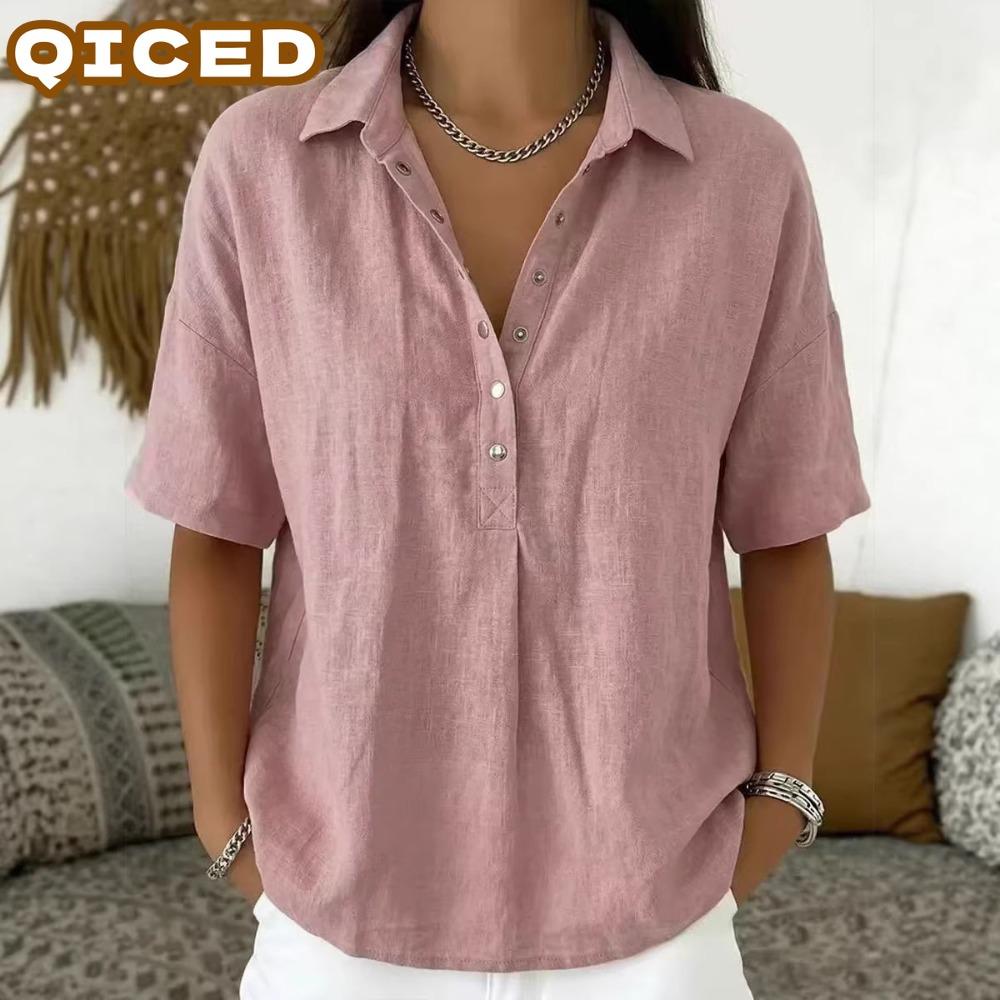 QICED Women's Fashion Casual Solid Color Print 1/2 Sleeves POLO Neck Blouses & Shirts