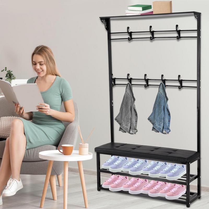 

Shoe Coat Rack Standing Coat Hanger Rack Metal Coat Stand Storage Bench Multifunctional Entryway Organizer For Living Room чёрный