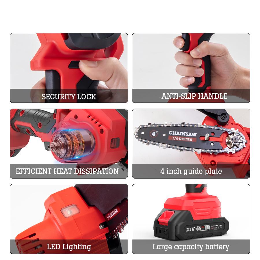 6-inch Cordless Electric Chainsaw with Rubberized Grip, Lithium Battery-Powered, Mini Woodworking & Logging Saw for Garden Tools