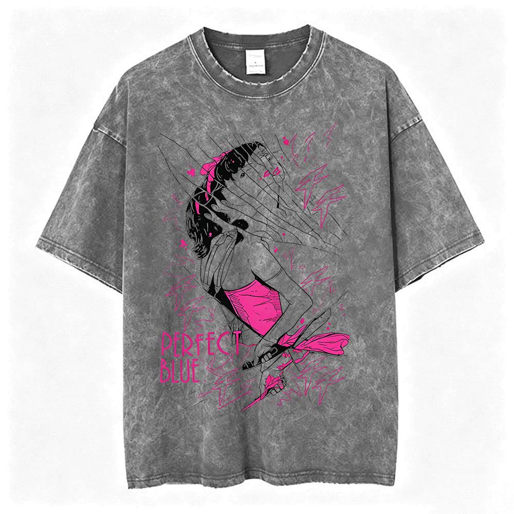 Vintage Washed Anime Perfect Blue A Satoshi Kon Film Mima Kirigoe TShirts Mens Women Fashion Oversized Short Sleeve T Shirts