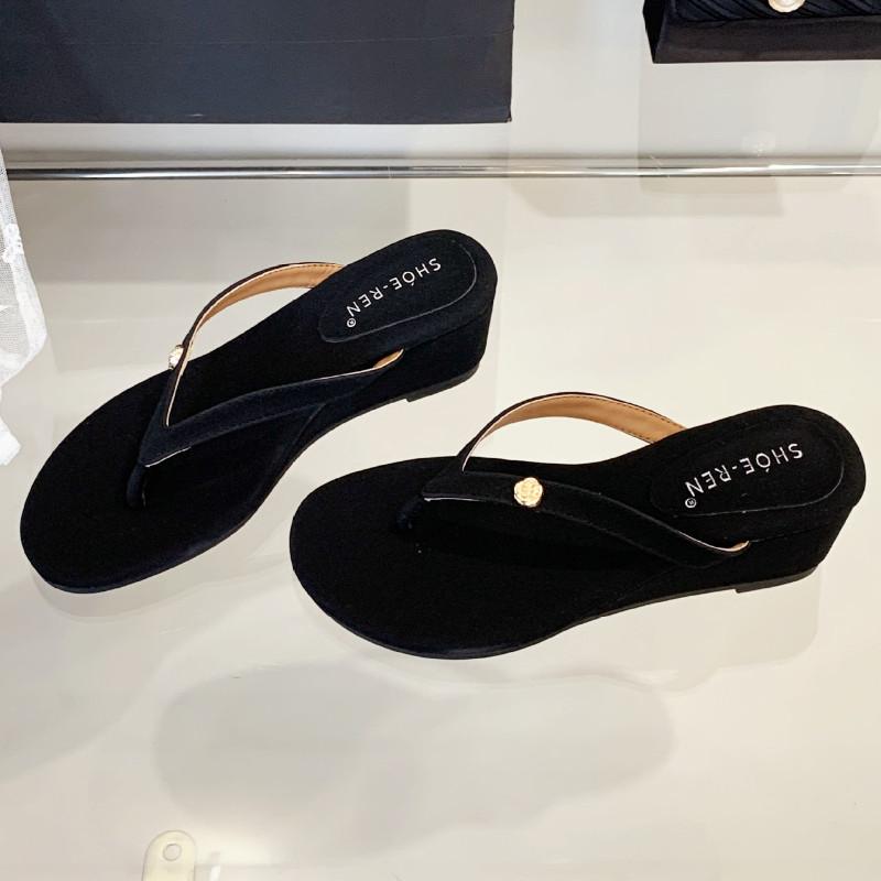 Fashion Round Toe Faux Suede Flip-flops Summer Fashion Wedges Open Toe Slide Women Sandals Outside Comfortable Simple Heels for Ladies