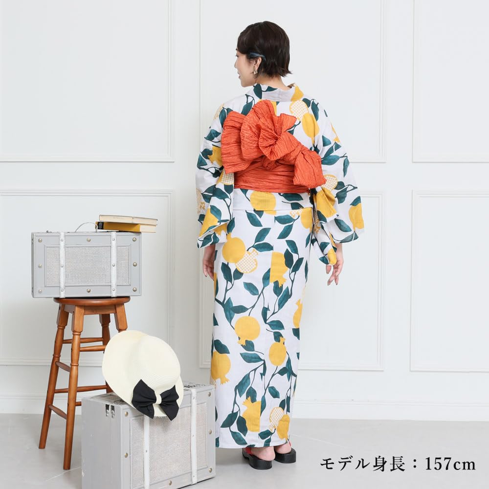 Kyoto Kimono Yuzen Women's Yukata and Obi Set (2-Piece Set) with Floral Pattern (Yellow (Hikida Pomegranate))