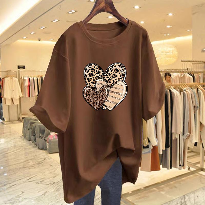 Cotton love print t-shirt women's summer fashion crew neck top large size women's clothing