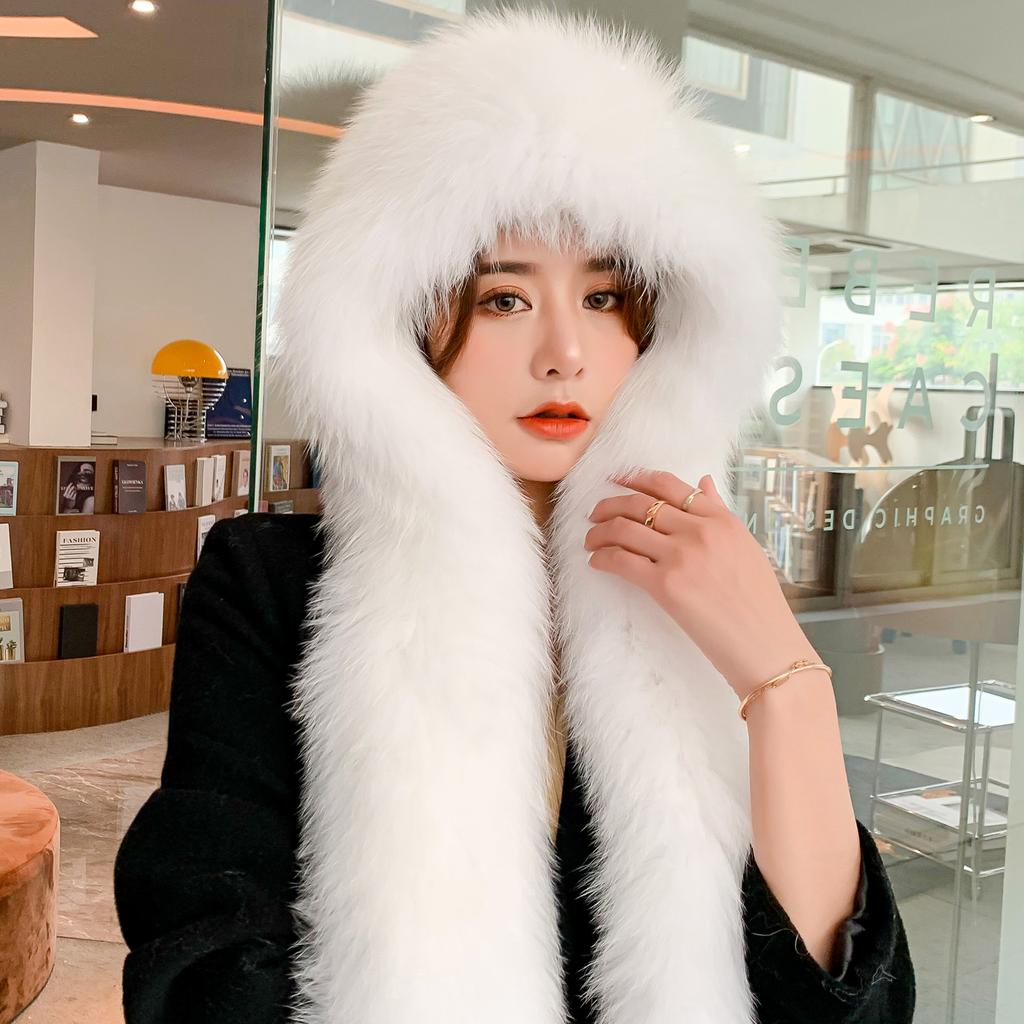 weaving fox fur snow hat women's scarf hat integrated winter warmth and cold resistance thickened fur scarf hat