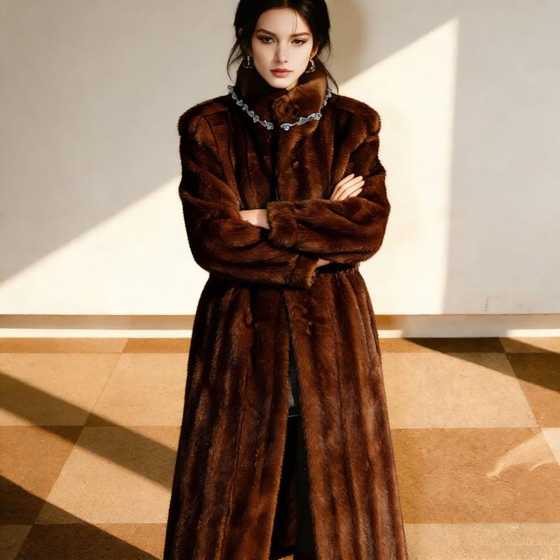 Womens Faux Mink Long Coat With Stand Collar Fur Trim Winter Warm Outerwear Elegant Casual Style