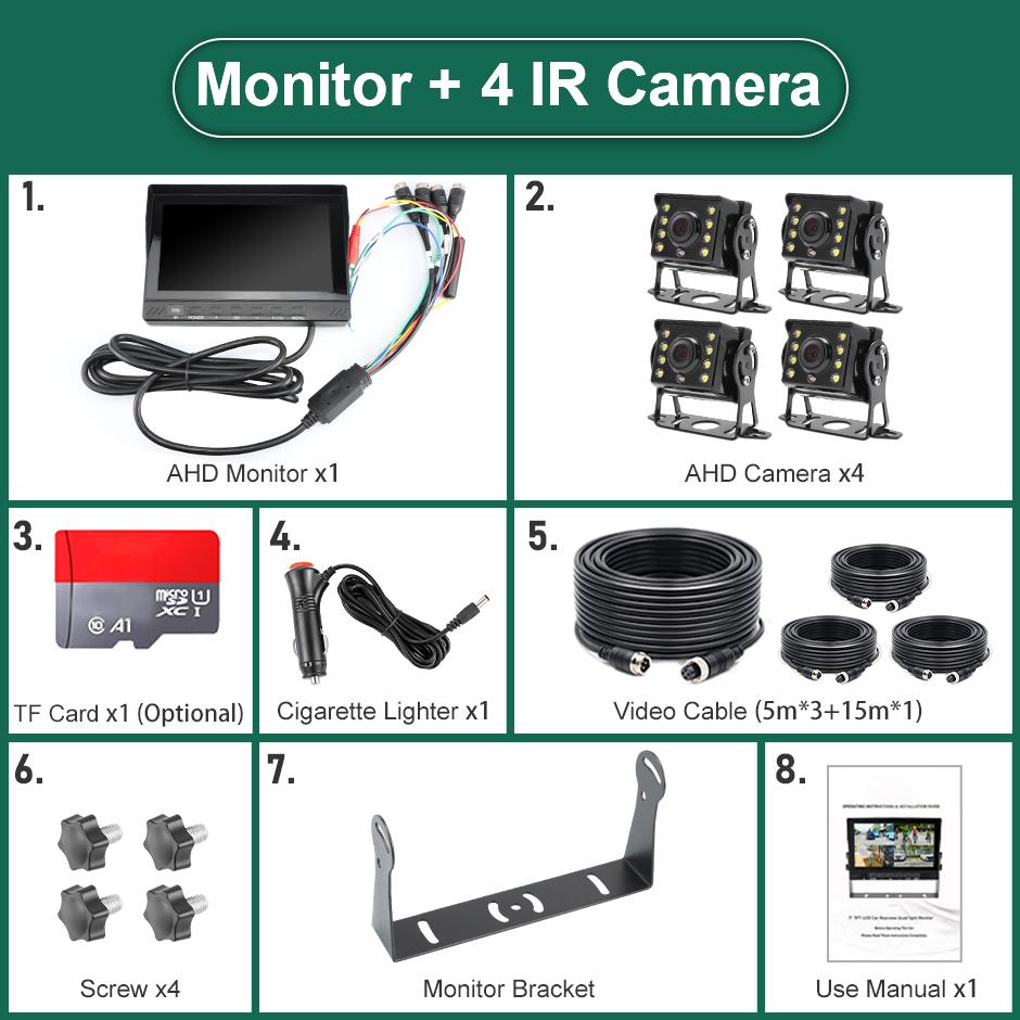 GreenYi 7 Inch IPS Screen 4 Channel Smart Blind Spot Radar BSD Alarm IP66 Waterproof DVR Monitor AHD720P Truck Backup IR Camera