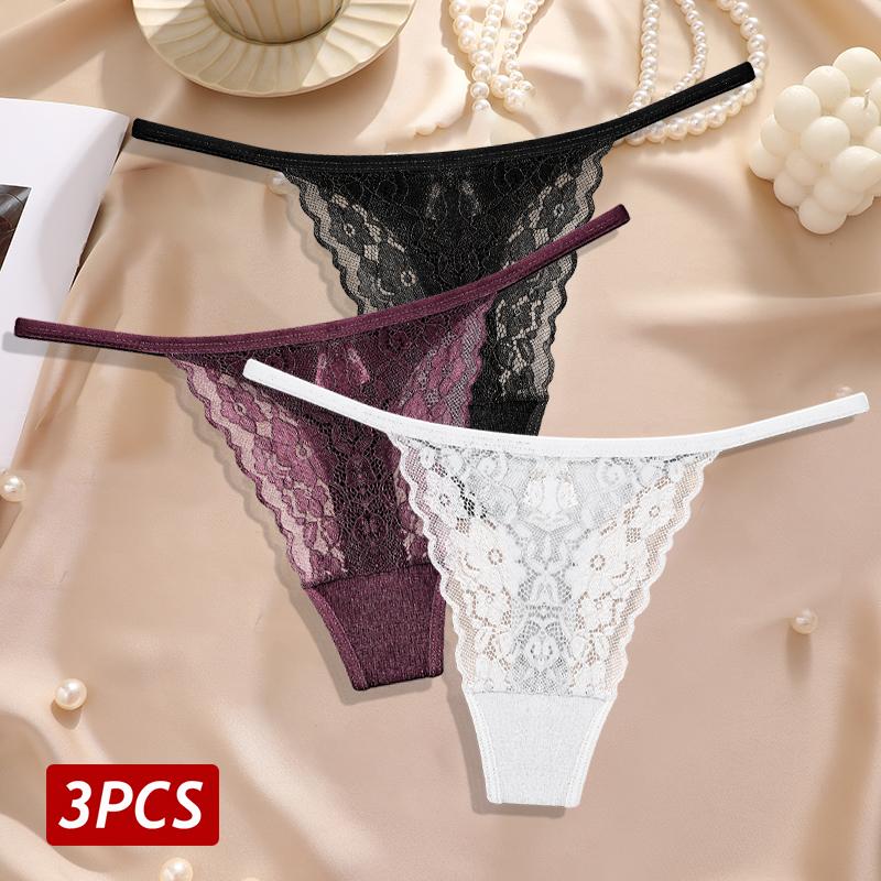 New 3Pcs/Set Sexy Lace Floral Panties For Women Low Waisted Thongs Briefs Sets Fashion Cozy Transparent Intimates Lingerie S-XL