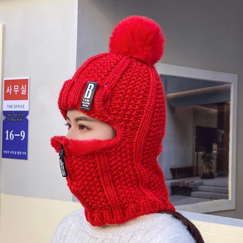Women's Korean Style Velvet-Lined Knit Pullover Hat with Ear Protection and Zippered Neck Warmer for Winter Cycling