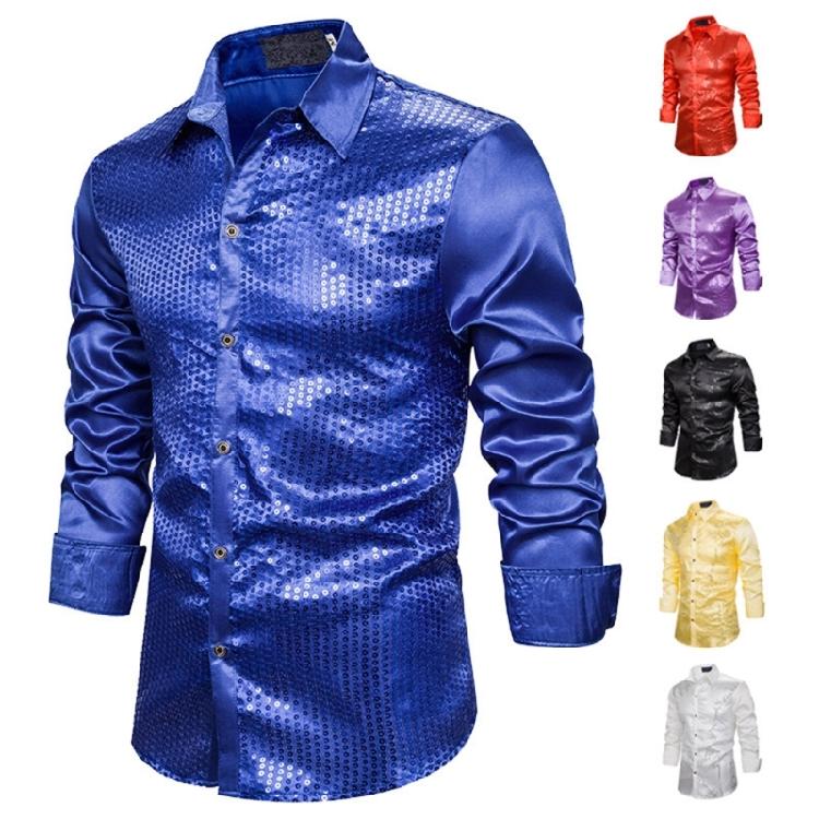 Men's Shines Sequins Long Sleeve Button Down Shirt for Halloween Cosplay 70s Disco Party Dress Shirt