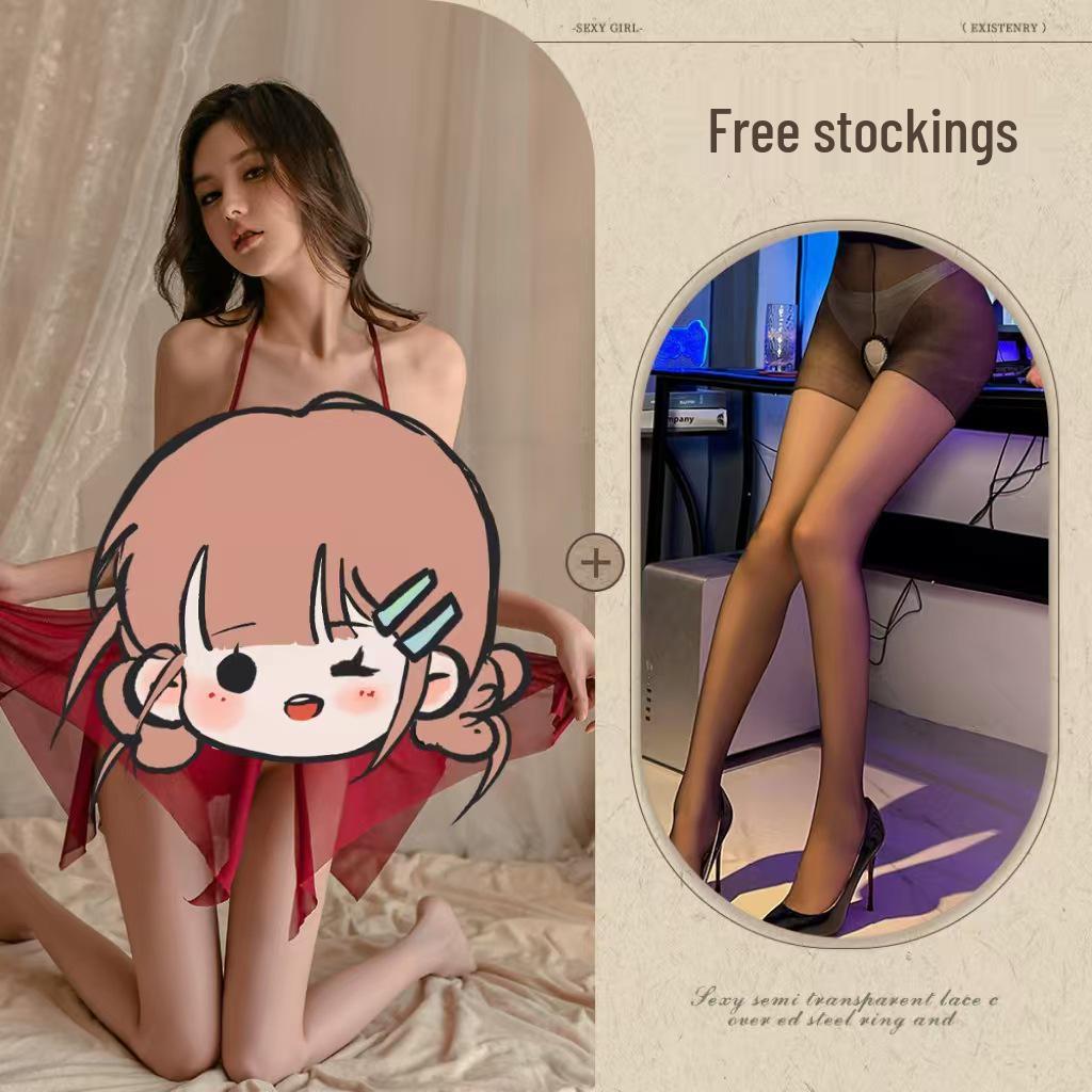 Sultry Sheer Lace Butterfly Halter Nightgown with Slit