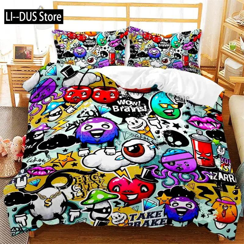 Graffiti Duvet Cover Hip Hop Street Culture Print Bedding Set Microfiber Colorful Overlapping Blocky Letters Art Comforter Cover