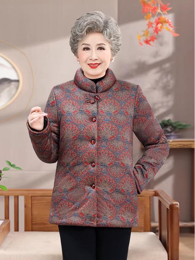 Warm, Thickened Stand Collar Jacket with Fleece Lining for Elderly Women (70-80 years), Cotton Padded for Cold-Proof Comfort.