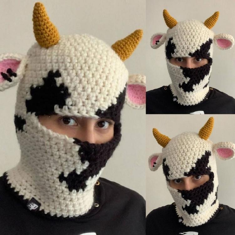 Knit Balaclava Cap Adult Prank Beanie Hat Cow Headcover Halloween Facecover Hat