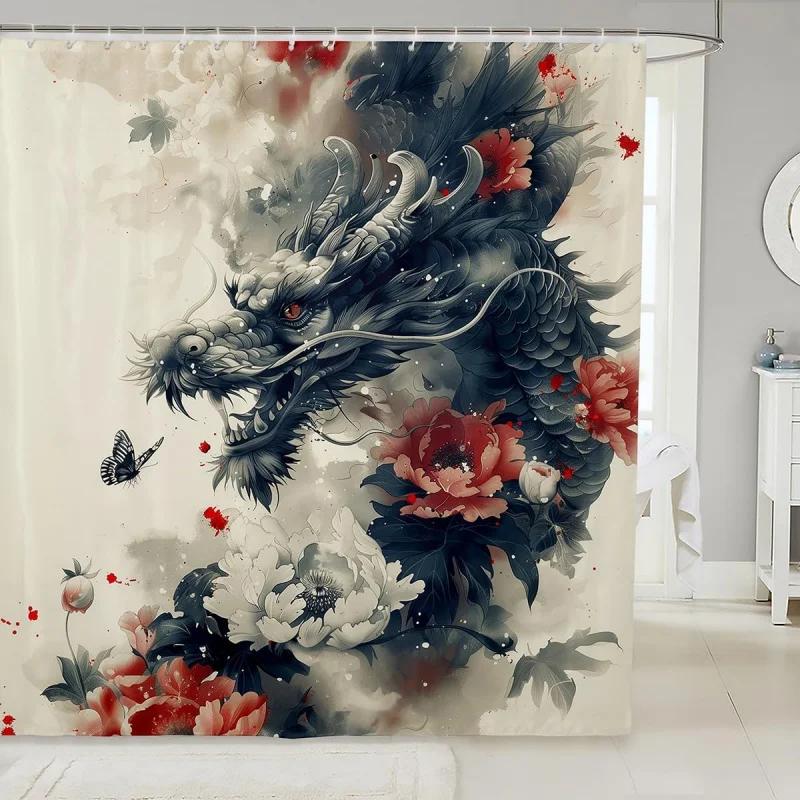 Elegant Oriental Dragon & Floral Bath Curtain - High-Quality Waterproof, Mildew-Proof Bathroom Decor, Traditional Artistry Touch
