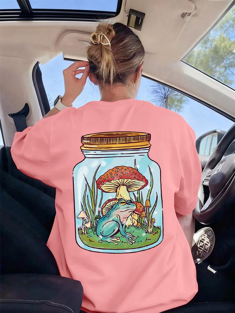 Cute Frog With Mushrooms Printed TShirts Womens Casual Short Sleeve Tops Soft ONeck T Shirts Summer Loose Womans Streetwear