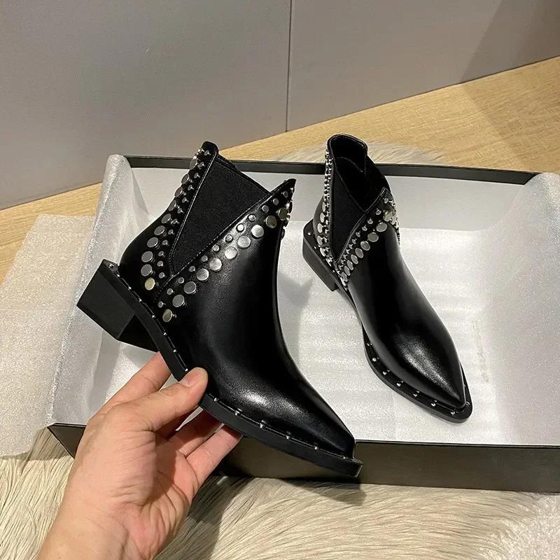 

High Quality Women Shoes Leather Short Boots Women Pointed Chunky Heel Boots Fashion Rivet Ankle Boots Female Platform Heel 2026 35 чёрный