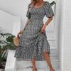 Qybian Damen Blumenmuster Rückenfrei V-Ausschnitt Midikleid Kurzarm Boho Sommer Strand Langes Kleid High Low Saum Kleid Frauen Sexy Wear