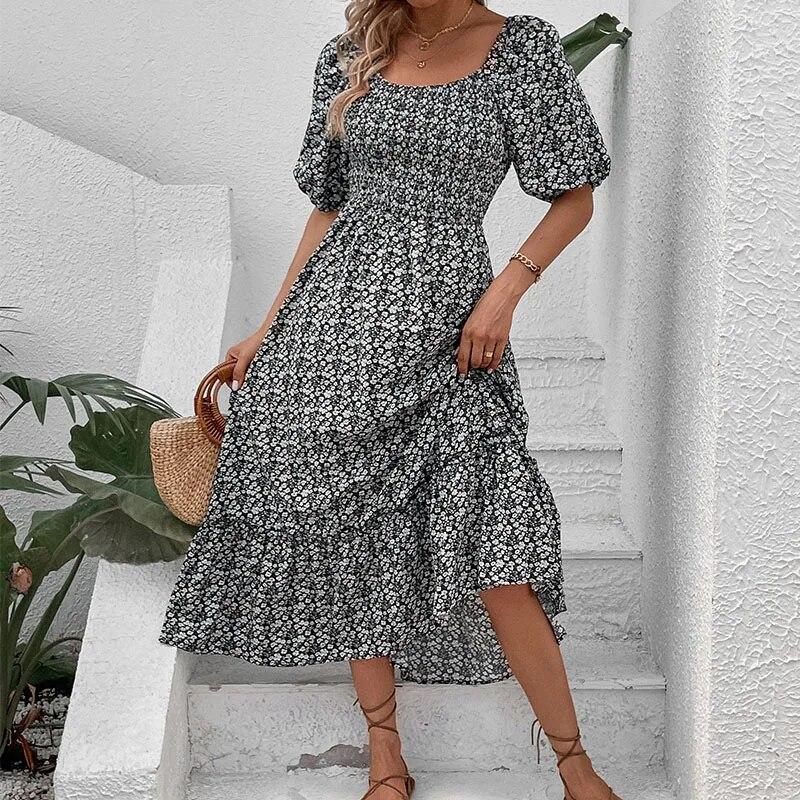 Qybian Abito Midi da Donna Floreale Senza Schiena Scollo a V Manica Corta Boho Estivo da Spiaggia Abito Lungo Orlo Alto Basso Abito Donna Sexy