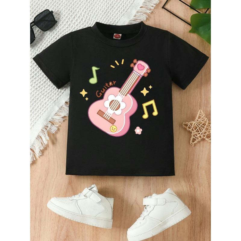 European sizes Cartoon  Guitar Print, Casual Breathable Round-neck Short-sleeve Girls' T-shirt, Spring and Summer, Suitable for Trendy and Cute Girls