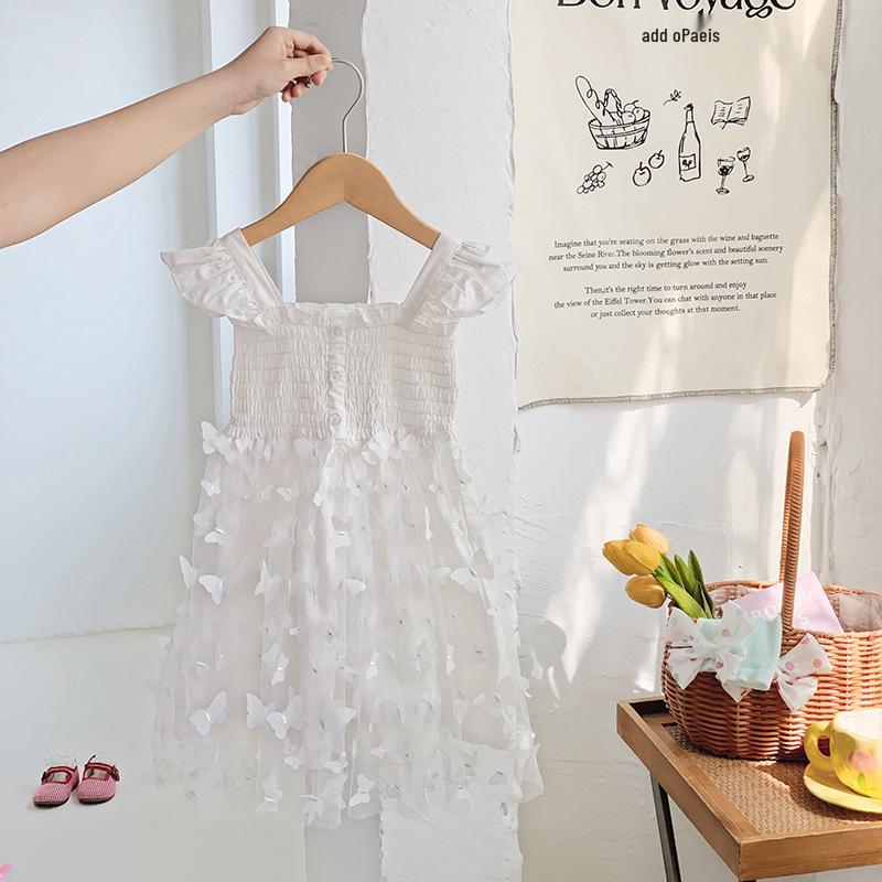 3D Butterfly Mesh Puff Sleeve Girls' Dress - 2025 Summer Smocked Waist Baby Princess Style