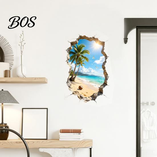 Wandaufkleber zum Abziehen und Aufkleben 3D Zerbrochener Meeresblick Aufkleber, Kokospalmen Strand Dekorative Abziehbilder, Abnehmbar Aufkleber Wasserdicht für Wohnzimmer, Schlafzimmer,
