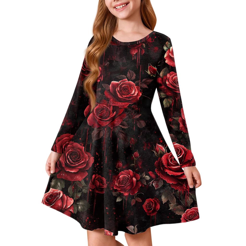 Girls' Summer Princess Dress Halloween Day- Long Sleeve A-Line T-Shirt Dress