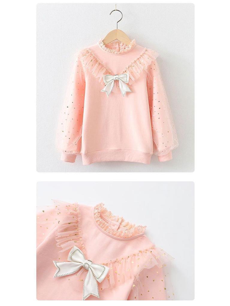 Plus Samt Warm Mesh Schleife Prinzessin Pullover Top für Teenager-Mädchen