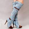 New denim boots with high heels, fashionable knee length women's boots, autumn and winter denim high heels, sexy buttons